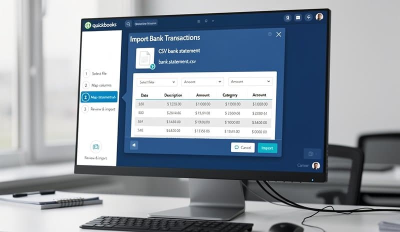 Accounting software CSV import dialog showing bank statement transactions being mapped and imported