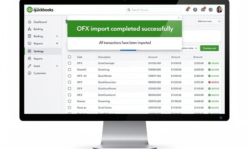 QuickBooks accounting software showing successful OFX file import with green confirmation message