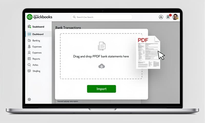 QuickBooks showing PDF bank statement import with transaction data loading automatically