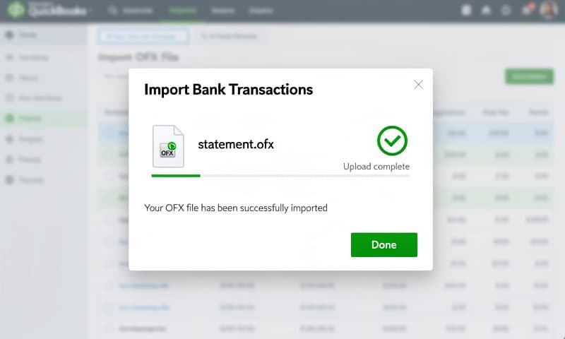 QuickBooks import dialog with bank transactions loaded