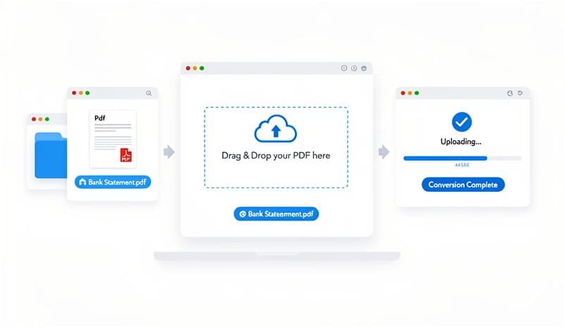 PDF bank statement upload process showing drag and drop converter interface with progress indicator